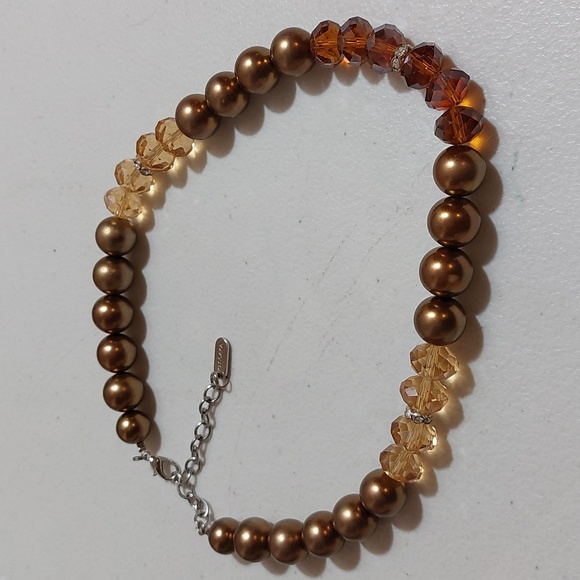 Kissaka Cognac And Topaz Shade Glass Crystals And Faux Pearls Bead Necklace - Picture 2 of 5